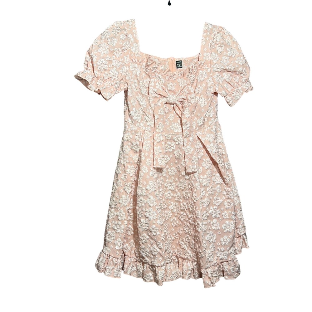 Shein Mini Dress Floral Jacquard M‎ Pink Cottagecore Romantic Summer Tie Front